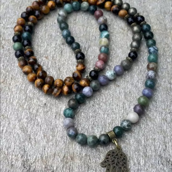 Mixed gemstone Mala with bronze Hamsa - Picture 6 of 6